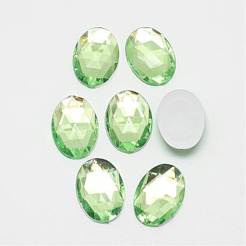 Acrylic Rhinestone Flat Back Cabochons, Faceted, Bottom Silver Plated, Oval, Light Green, 18x13x4.5mm