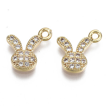 Brass Micro Cubic Zirconia Bunny Charms, Nickel Free, Real 18K Gold Plated, Rabbit, Clear, 12x11x2.5mm, Hole: 1.4mm