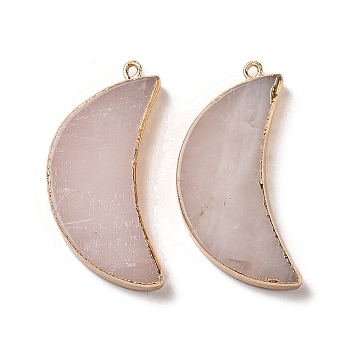 Electroplate Natural Rose Quartz Pendants, Moon Charms with Metal Findings, 44x21x6.5mm, Hole: 1.8mm