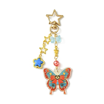 Transparent Acrylic Pendant Decorations, with Glass Beads and Star Alloy Swivel Clasps, Butterfly, Dark Red, 128mm