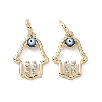 Real 18K Gold Plated Brass Micro Pave Cubic Zirconia Pendants, with Enamel and Jump Ring, Hamsa Hand with Evil Eye Charms, Colorful, 16x11.5x2.5mm, Hole: 4mm