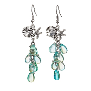 Shell with Starfish Shape Alloy Dangle Earrings, Glass Cluster Earrings, Light Sea Green, 65x18mm