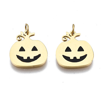 316 Surgical Stainless Steel Enamel Charms, with Jump Rings, for Halloween, Pumpkin, Black, Real 14K Gold Plated, 13x12x1mm, Jump Ring: 3.4x0.5mm, 2.4mm inner diameter