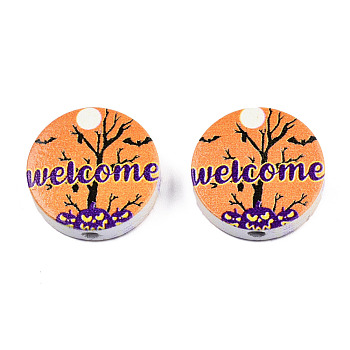 Halloween Printed Natural Wood Beads, Flat Round with Word Welcome & Pumpkin & Bat, Dark Orange, 19~20x5.9mm, Hole: 2~2.2mm