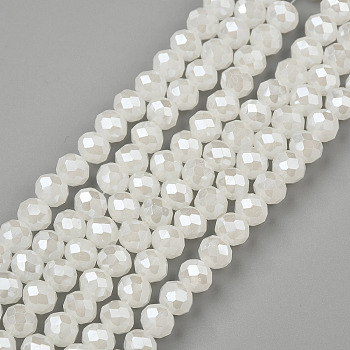 Electroplate Glass Beads Strands, Imitation Jade Beads, Pearl Luster Plated, Faceted, Rondelle, Creamy White, 8x6mm, Hole: 1mm, about 68pcs/strand, 15.5 inch(38.75cm)
