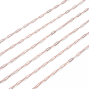 Brass Paperclip Chains, Drawn Elongated Cable Chains, Soldered, with Spool, Long-Lasting Plated, Rose Gold, 7.5x3x0.5mm, about 32.81 Feet(10m)/roll