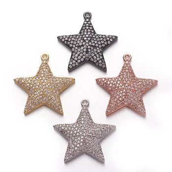 Brass Micro Pave Cubic Zirconia Pendants, Star, Clear, Mixed Color, 24x22.5x3.5mm, Hole: 1.2mm