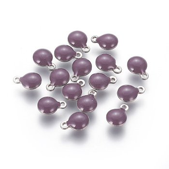 304 Stainless Steel Enamel Charms, Enamelled Sequins, Flat Round, Stainless Steel Color, Purple, 8.5x6x3mm, Hole: 1mm