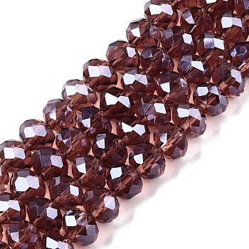 Electroplate Glass Beads Strands, Pearl Luster Plated, Faceted, Rondelle, Old Rose, 8x6mm, Hole: 1mm, about 64~65pcs/strand, 40~41cm