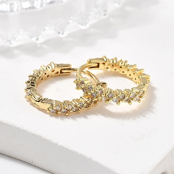 Brass Micro Pave Clear Cubic Zirconia Huggie Hoop Earrings, Long-Lasting Plated, Ring, Real 18K Gold Plated, 15.5x2.5mm, Pin: 1mm