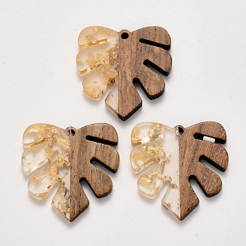 Transparent Resin & Walnut Wood Pendants, Tropical Leaf Charms, with Gold Foil, Waxed, Monstera Leaf, Gold, 30x28x3.5mm, Hole: 2mm