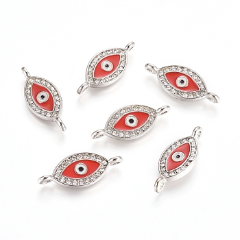 Alloy Rhinestone Links connectors, Cadmium Free & Lead Free, with Enamel, Grade A, Evil Eye, Platinum Color, Red, 26x10x2mm, Hole: 2mm