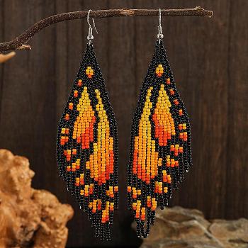 Bohemian Style Handmade Glass Seed Beads Butterfly Wing Tassel Stud Earrings, Platinum, Yellow, 122x30mm