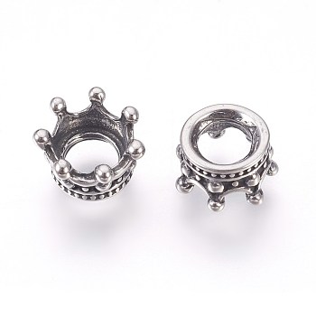 316 Surgical Stainless Steel Beads, Large Hole Beads, Crown, Antique Silver, 10x5.5mm, Hole: 5mm