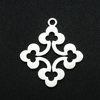 201 Stainless Steel Pendants, Laser Cut, Hollow, Rhombus, Stainless Steel Color, 22x20x1mm, Hole: 1.6mm