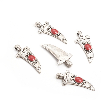 Alloy Enamel Pendants, Dagger, Antique Silver, Red, 27x11x3mm, Hole: 1.6mm