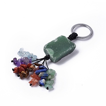 Natural Green Aventurine Nugget with Mixed Gemstone Chips Tassel Keychains, with 304 Stainless Steel Ring Clasps, 9~10.5cm