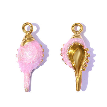 304 Stainless Steel Pendants, with Enamel, Conch Charms, Mirror Polished Finish, Ion Plating(IP), Real 18K Gold Plated, Pink, 20x8mm, Hole: 1.6mm