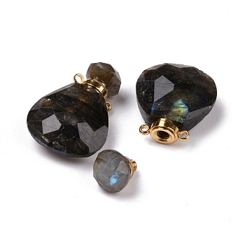 Teardrop Natural Labradorite Perfume Bottle Pendants, with 304 Stainless Steel Findings, Faceted, Golden, 26~26.5x17x8~8.5mm, Hole: 1.4mm, Capacity: about 2ml(0.06 fl. oz)