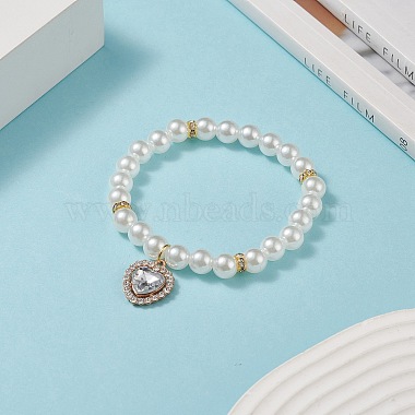 Acrylic Pearl Round Beaded Stretch Bracelet with Alloy Rhinestone Heart Charms for Women(BJEW-JB09232)-8