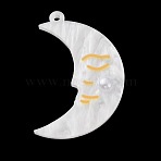 Opaque Acrylic Pendants, with Plastic Imitation Pearl Beads, Moon Charms, 42x27x5mm, Hole: 1.8mm(SACR-F017-01A)