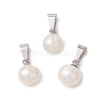 Natural Cultured Freshwater Pearl Potato Charms, with Stainless Steel Snap on Bails, Seashell Color, Stainless Steel Color, 12.5x9~10x8~9mm, Hole: 7x3.5mm(PALLOY-JF04890-02)