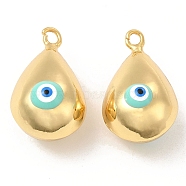 Brass Pendants, with Enamel, Real 18K Gold Plated, Long-Lasting Plated, Teardorp with Evil Eye Charm, Pale Turquoise, 26x15.5x15mm, Hole: 2.6mm(KK-E076-01G-02)