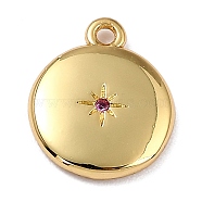 Brass Micro Pave Cubic Zirconia Charms, Long-Lasting Plated, Real 18K Gold Plated, Flat Round with Star, Fuchsia, 12x10x2mm, Hole: 1.2mm(ZIRC-I054-13G-08)
