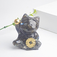 Resin Fortune Cat Display Decoration, with Natural Labradorite Chips inside Statues for Home Office Decorations, 55x40x60mm(PW-WG70599-03)