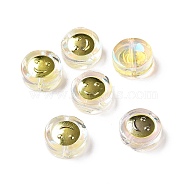 Transparent Spray Painted Glass Beads, with Golden Brass Findings, Flat Round with Smile, Clear, 11.5x4mm, Hole: 1.2mm(GLAA-I050-15B)