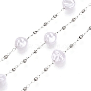 Handmade ABS Plastic Imitation Pearl Beads Chains, for Necklaces Bracelets Making, with 304 Stainless Steel Link Chains, Soldered, with Spool, Stainless Steel Color, 7x7x5mm, bead: 2mm in diameter, links: 2x1.5x0.2mm & 2.5x1x0.2mm, interval: 35mm, about 10m/roll(CHS-T006-07P)