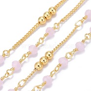 Handmade Brass Curb Chains, with Faceted Glass Links, Brass Beads and Spool, Soldered, Long-Lasting Plated, Real 18K Gold Plated, Pearl Pink, 1.7x1.3x0.4mm, Beads: 3.5x2.5~3mm and 3mm, about 32.8 Feet(10m)/roll(CHC-I035-02G-06)