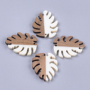 Resin & Walnut Wood Pendants, Tropical Leaf Charms, Monstera Leaf, Creamy White, 37.5x30x3~3.5mm, Hole: 2mm(X-RESI-S358-57A)