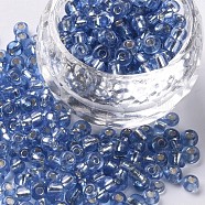 6/0 Glass Seed Beads, Silver Lined Round Hole, Round, Royal Blue, 4mm, Hole: 1.5mm, about 1000pcs/100g(X1-SEED-A005-4mm-26)