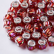 Transparent Resin European Beads, Large Hole Beads, with Silver Color Plated Double Brass Cores, Faceted, AB Color Plated, Column, Red, 11.5x8mm, Hole: 5mm(RPDL-Q023-A-B04)