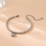 Stainless Steel Charm Bracelets for Woman, with Round Beads, Heart, Stainless Steel Color, 6-1/4 inch(16cm)(PW-WG5C5DA-02)