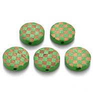 Painted Natural Wood Beads, Laser Engraved Pattern, Flat Round with Grid Pattern, Medium Sea Green, 15x5mm, Hole: 1.8mm(WOOD-N006-04C)