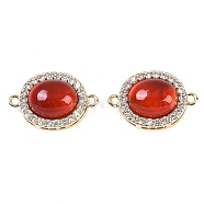 Natural Carnelian(Dyed & Heated) Oval Connector Charms, Brass Micro Pave Clear Cubic Zirconia Oval Links, Real 18K Gold Plated, 18x12x7.5mm, Hole: 1.2mm(KK-U043-50G-01)