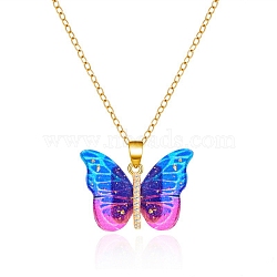 Butterfly Resin Pendant Necklaces, Stainless Steel Cable Chain Necklaces, Golden, Deep Sky Blue, 14.96 inch(38cm)(PW-WGE549D-01)