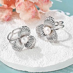 304 Stainless Steel Finger Rings, with Freshwater Pearl Beads, Flower, Stainless Steel Color, US Size 6(16.5mm)(RJEW-S396-01P)