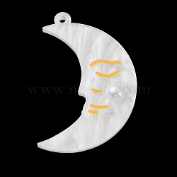 Opaque Acrylic Pendants, with Plastic Imitation Pearl Beads, Moon Charms, 42x27x5mm, Hole: 1.8mm(SACR-F017-01A)
