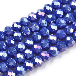 Electroplate Glass Beads Strands, Opaque Solid Color, AB Color Plated, Faceted, Rondelle, Blue, 4x3mm, Hole: 0.4mm, about 123~127pcs/strand, 16.5~16.9 inch(42~43cm)(EGLA-A034-P4mm-B07A)