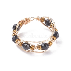 Round Natural Spinel Braided Bead Finger Ring with Glass, Copper Wire Wrap Jewelry for Women, Golden, US Size 8 1/2(18.5mm)(RJEW-JR00450-05)