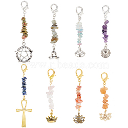 Gemstone Chip & Tibetan Style Alloy Pendant Decoration, with Lobster Claw Clasps, Mixed Shapes, 80~120mm, 8 style, 1pc/style, 8pcs/set(HJEW-AB00431)