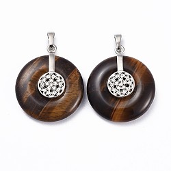 Natural Tiger Eye Pendants, with Platinum Tone Brass Findings, Donut/Pi Disc with Flower, 35.5x30x8.5~9.5mm, Hole: 4.5x6.5mm(G-F640-C05)