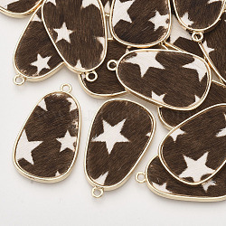 Eco-Friendly Cowhide Leather Pendants, with Golden Plated Alloy Cabochon Settings, teardrop, with Star Pattern, Sienna, 35x21x2~3mm, Hole: 1.8mm(X-FIND-N049-03G)
