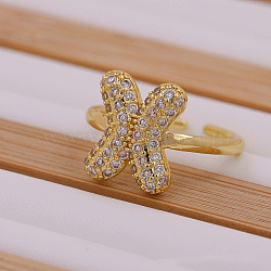 Brass Micro Pave Clear Cubic Zirconia Initial Cuff Rings, Golden, Letter X, Inner Diameter: Adjustable(FS-WGB210B-24)