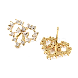 Rack Plating Heart Brass Stud Earrings, with Clear Cubic Zirconia, Cadmium Free & Lead Free, Long-Lasting Plated, Real 18K Gold Plated, 14x18mm(EJEW-N055-33G-RS)