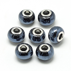 Handmade Lampwork European Beads, with Brass Double Cores, Large Hole Beads, Rondelle, Platinum, Prussian Blue, 13~14x10~11mm, Hole: 5mm(X-LAMP-T004-30D)