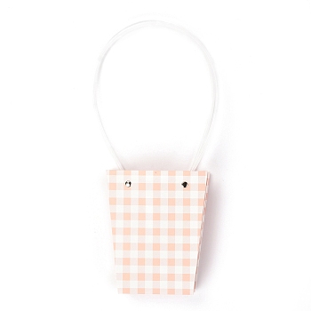 Trapezoid Kraft Paper Portable Bags, with Plastic Haddles and Tartan Pattern, Light Salmon, 36x13x0.8cm